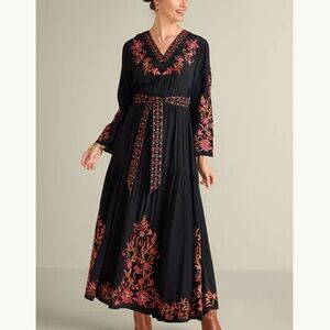 Soft Surroundings Black Maxi Dress with Pink and Orange Embroidery